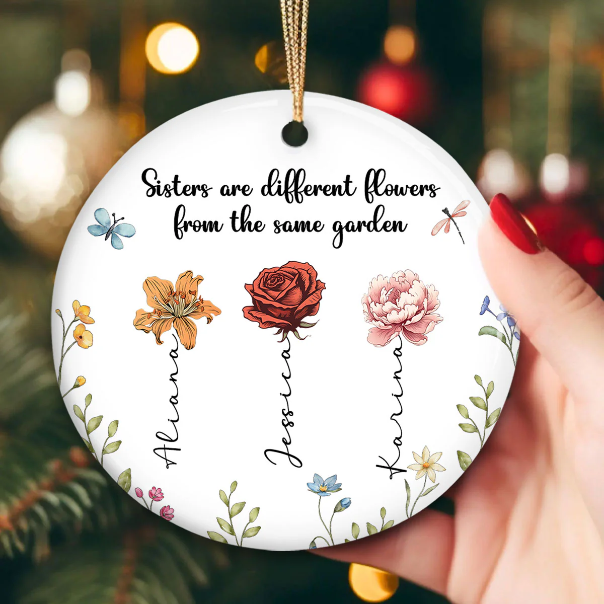 Personalized Sisters Christmas Gifts, Sisters Are Different Flowers from the Same Garden Ceramic Ornament - Image 3