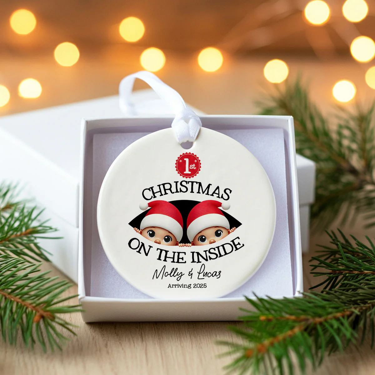 Personalized Twins Baby's First Christmas On the Inside Ornament, Custom Pregnancy Reveal Ornament, Expecting Parents - Image 3