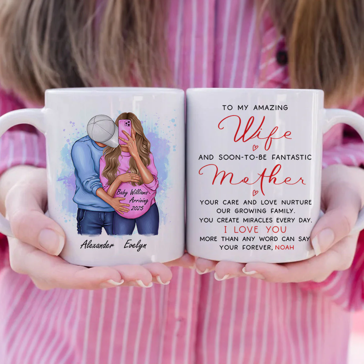 Personalized  Pregnant Wife Mug, Hugging Couple, Expecting From Husband Gift, Mom To Be Vday Gift, Romantic Pregnancy Gift - Image 3