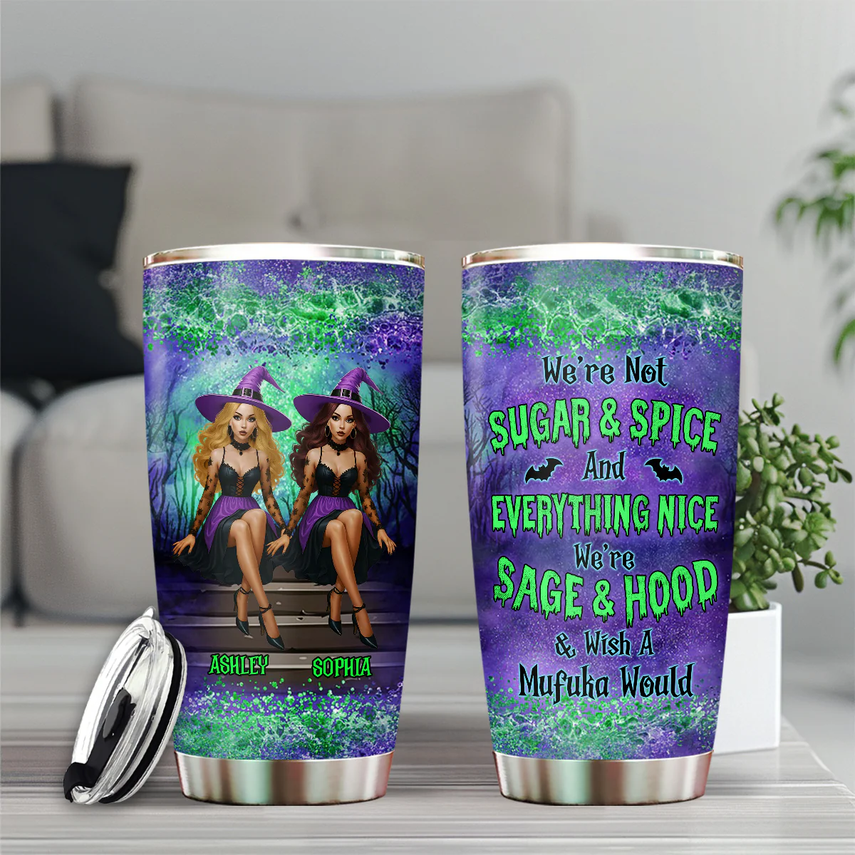 Personalized Witch Besties Tumbler – Sage & Hood, Not Sugar & Spice – Funny Halloween Gift for Best Friends - Image 3