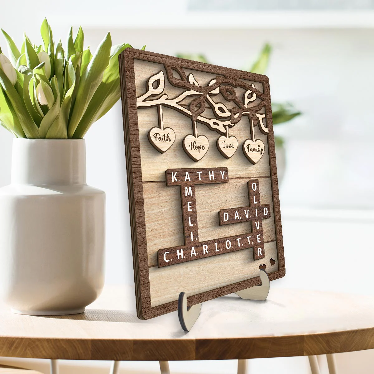 Personalized Wooden Family Tree Sign, Crossword Art Puzzle 2-Layered Wooden Plaque - Image 3