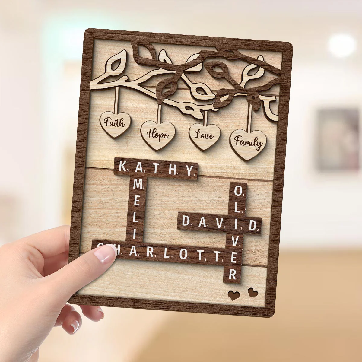 Personalized Wooden Family Tree Sign, Crossword Art Puzzle 2-Layered Wooden Plaque - Image 4