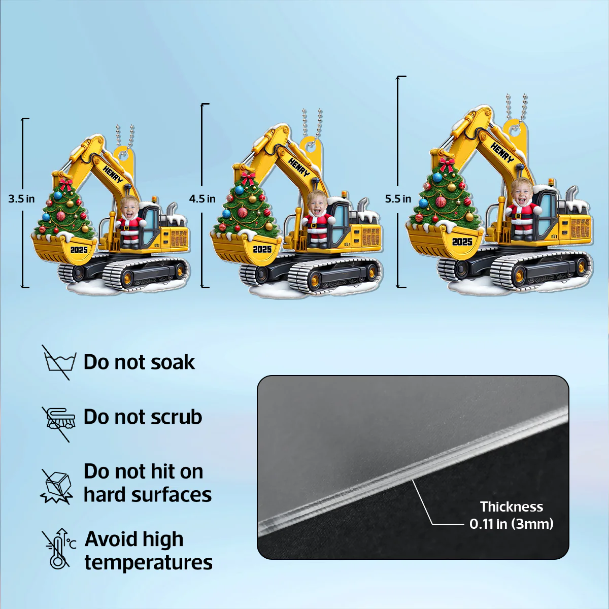 Personalized Xmas Excavator Construction Backhoe Kid Photo Ornament, 3D Effect Xmas Gift For Kids - Image 11