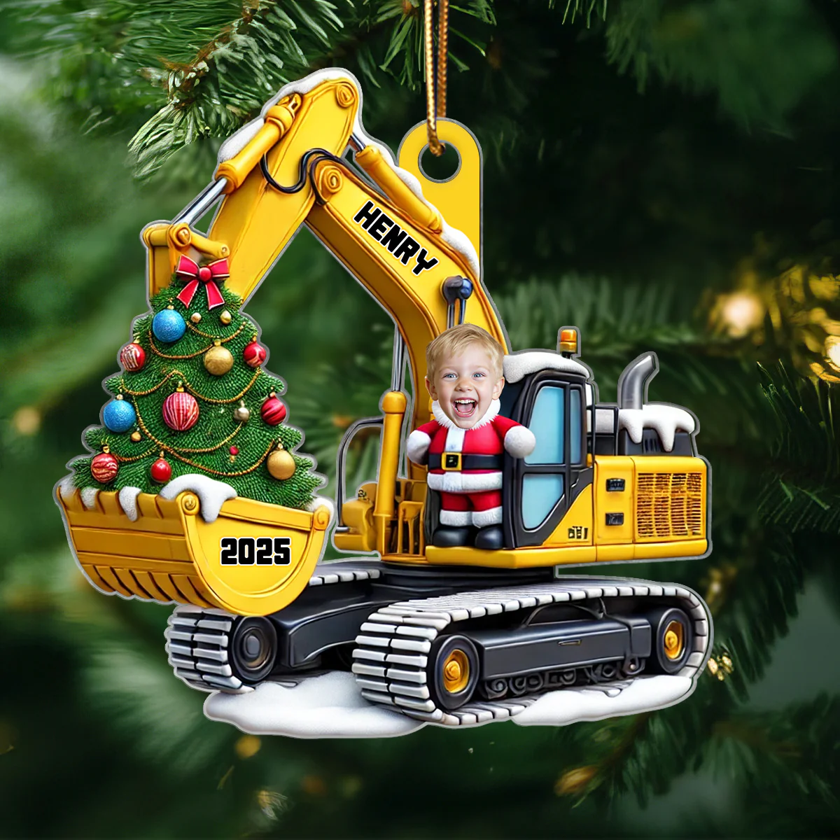 Personalized Xmas Excavator Construction Backhoe Kid Photo Ornament, 3D Effect Xmas Gift For Kids - Image 3