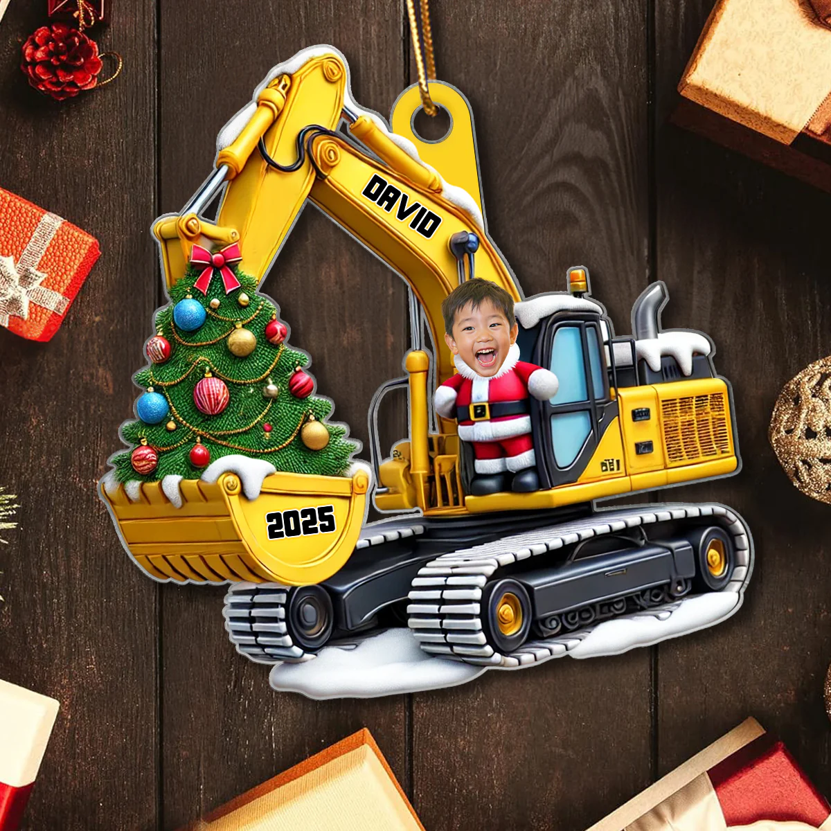 Personalized Xmas Excavator Construction Backhoe Kid Photo Ornament, 3D Effect Xmas Gift For Kids - Image 4