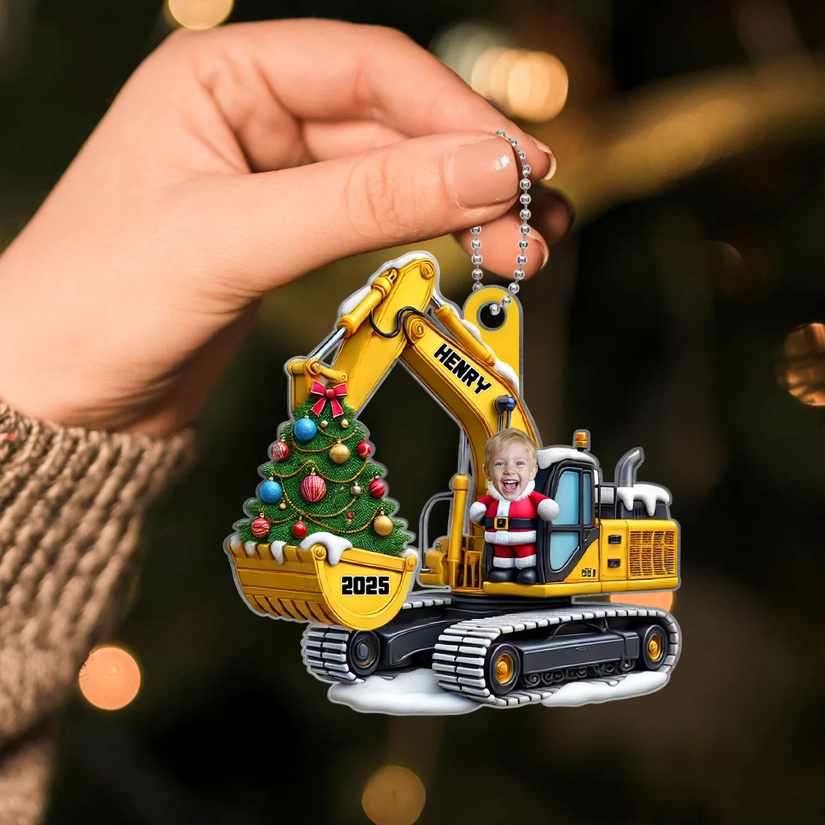Personalized Xmas Excavator Construction Backhoe Kid Photo Ornament, 3D Effect Xmas Gift For Kids - Image 9
