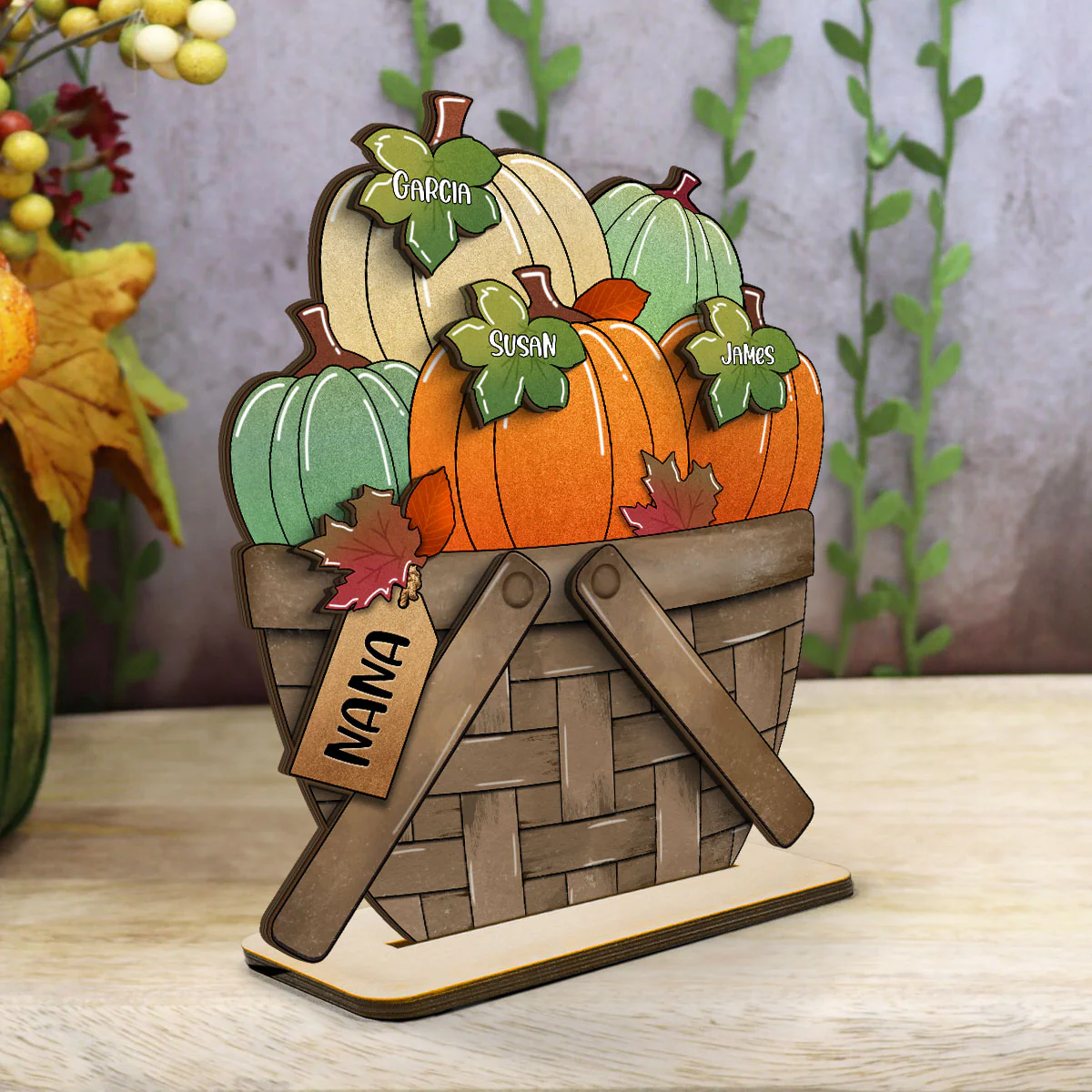 Pumpkin Fall Season For The Flower Basket Family Grandma Personalized 2-Layer Standing Wooden Plaque - Image 5