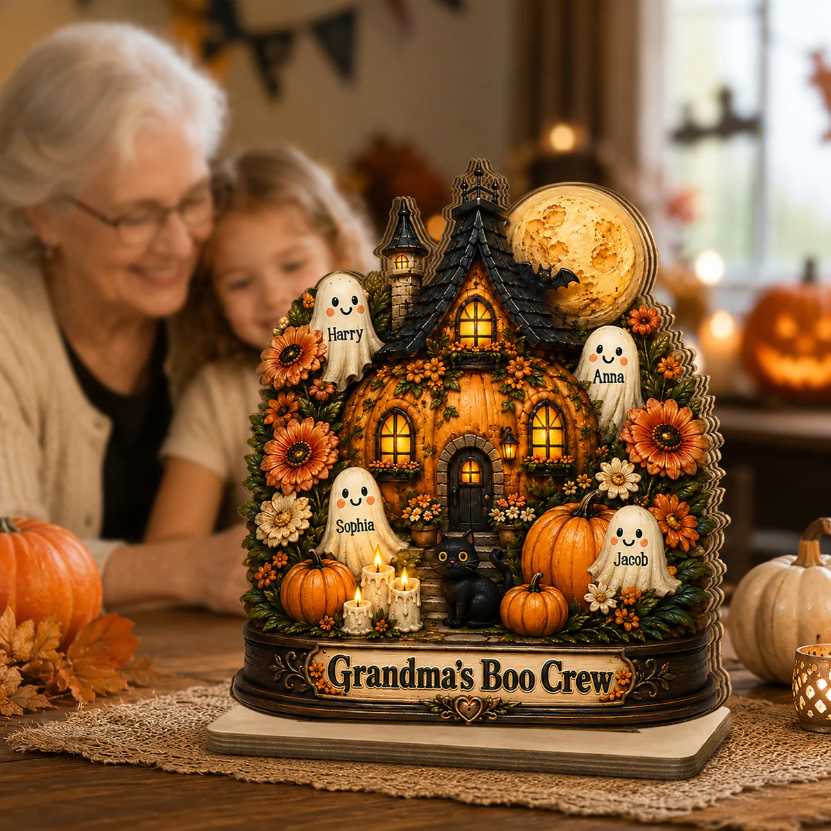 Pumpkin House Grandma's Boo Crew - Personalized 2-Layered Wooden Plaque - Halloween Decor Gift, Gift For Grandma - Image 10