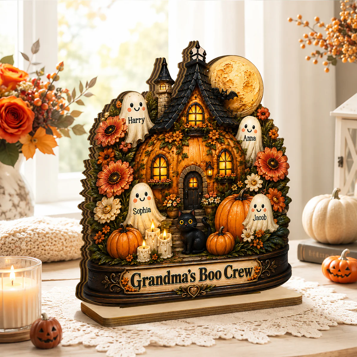 Pumpkin House Grandma's Boo Crew - Personalized 2-Layered Wooden Plaque - Halloween Decor Gift, Gift For Grandma - Image 3