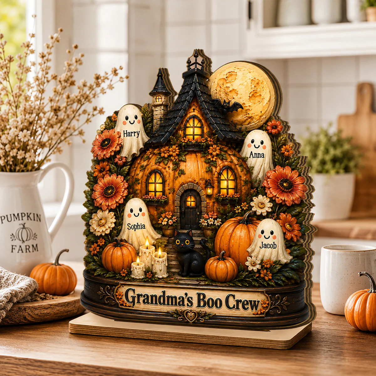 Pumpkin House Grandma's Boo Crew - Personalized 2-Layered Wooden Plaque - Halloween Decor Gift, Gift For Grandma - Image 5