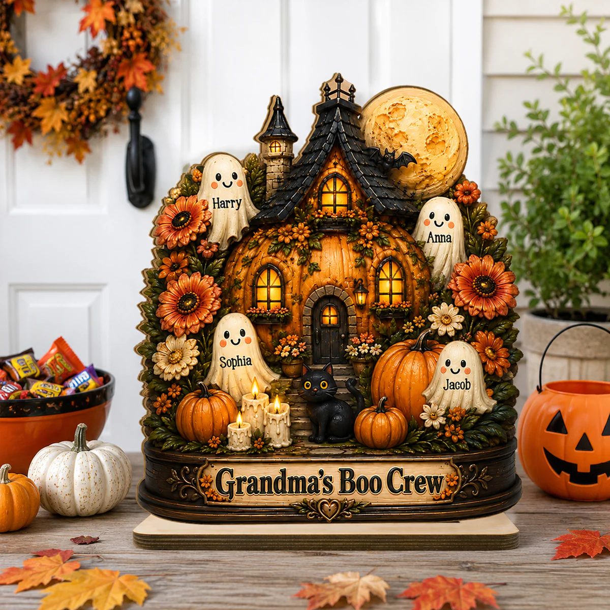 Pumpkin House Grandma's Boo Crew - Personalized 2-Layered Wooden Plaque - Halloween Decor Gift, Gift For Grandma - Image 6