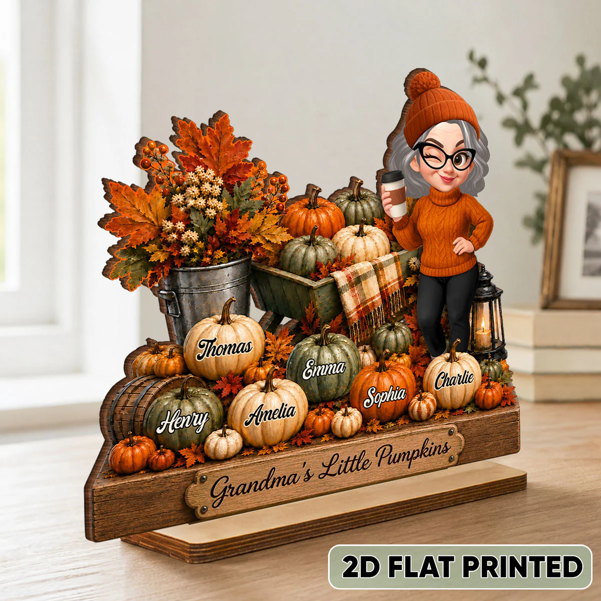 Pumpkin Wheelbarrow Grandma Grandkids - Personalized 2-Layered Wooden Plaque - Fall Season Decor Gift, Gift For Grandma - Image 2