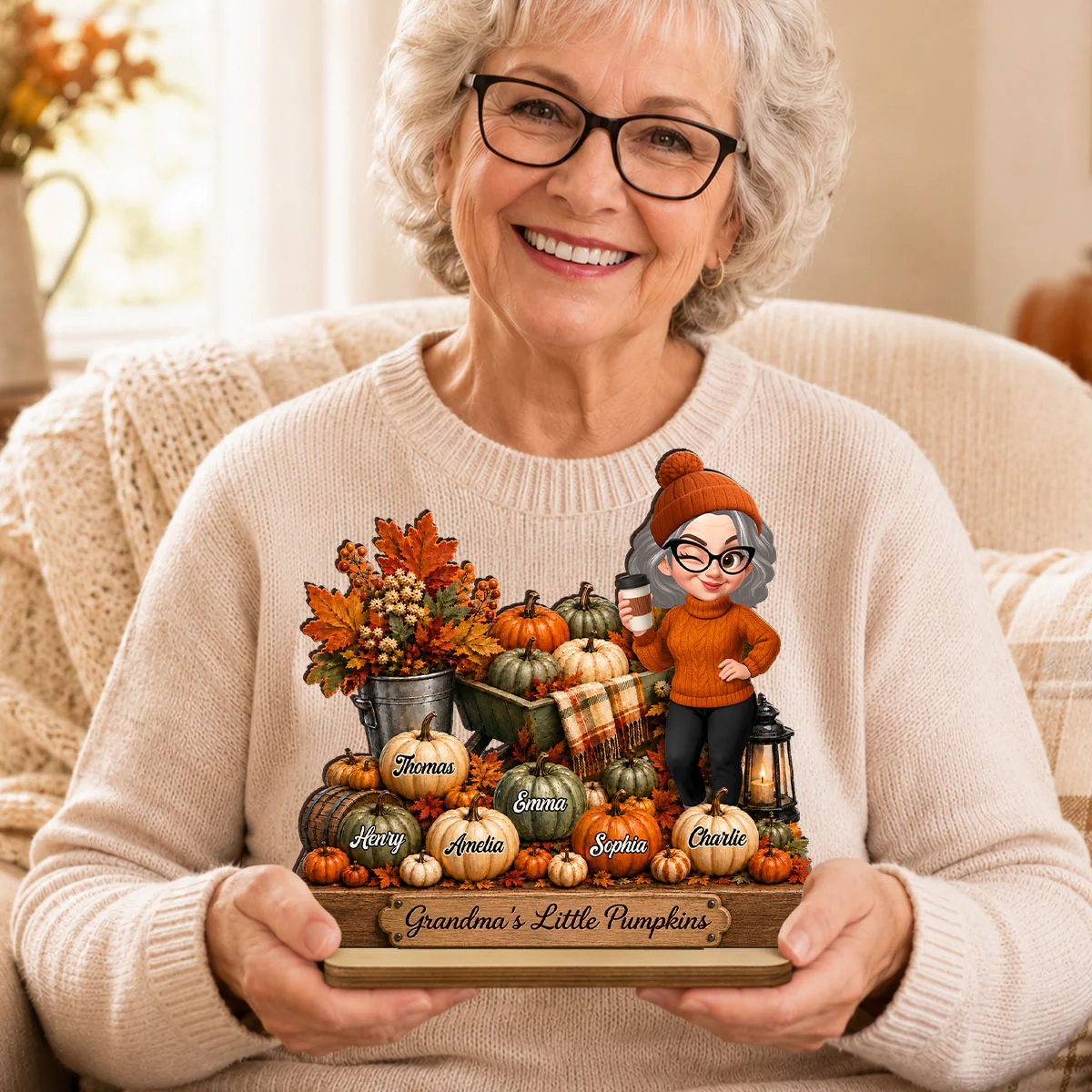 Pumpkin Wheelbarrow Grandma Grandkids - Personalized 2-Layered Wooden Plaque - Fall Season Decor Gift, Gift For Grandma - Image 3