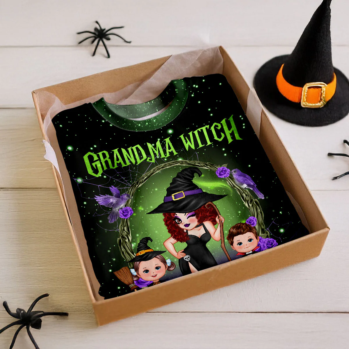 Purple And Green Pretty Grandma Witch & Kids Personalized Shirt, Halloween Costume for Grandma - Image 3