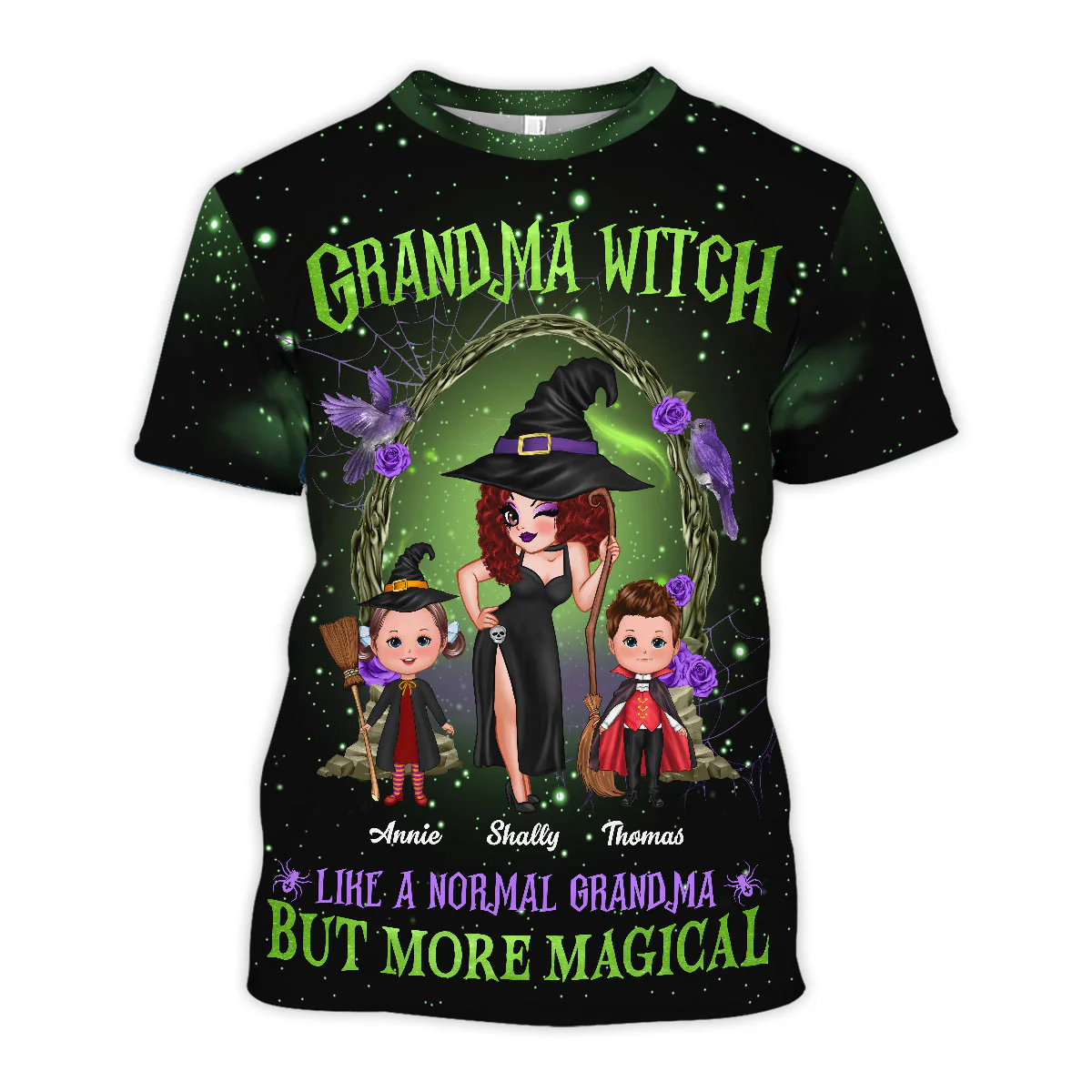 Purple And Green Pretty Grandma Witch & Kids Personalized Shirt, Halloween Costume for Grandma - Image 4