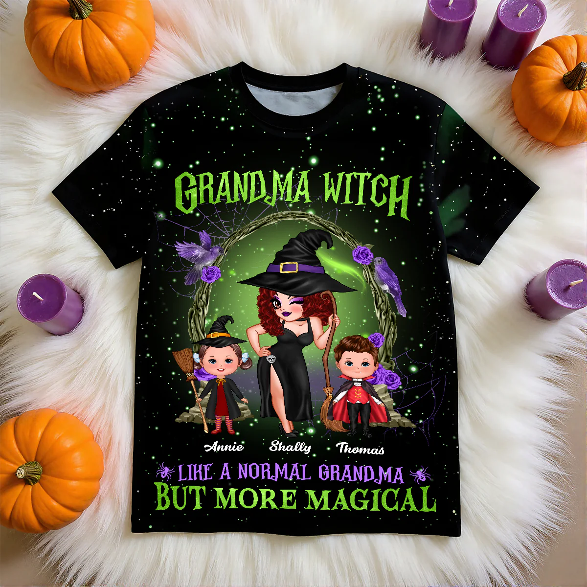 Purple And Green Pretty Grandma Witch & Kids Personalized Shirt, Halloween Costume for Grandma - Image 7