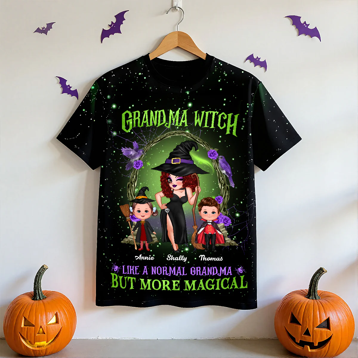 Purple And Green Pretty Grandma Witch & Kids Personalized Shirt, Halloween Costume for Grandma - Image 8