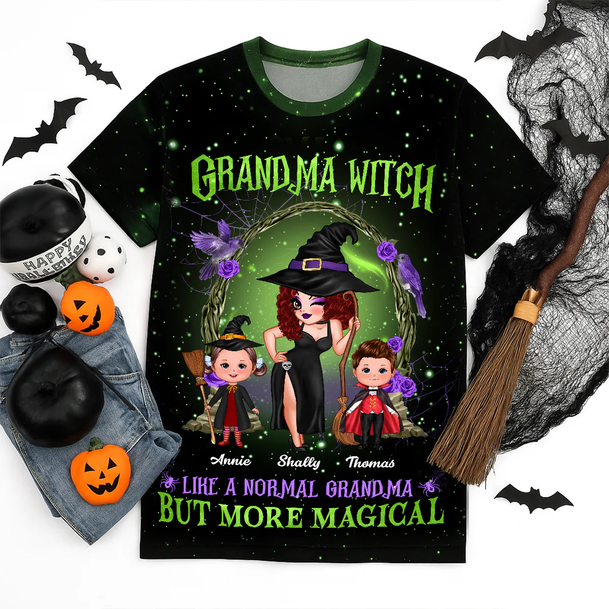 Purple And Green Pretty Grandma Witch & Kids Personalized Shirt, Halloween Costume for Grandma - Image 9