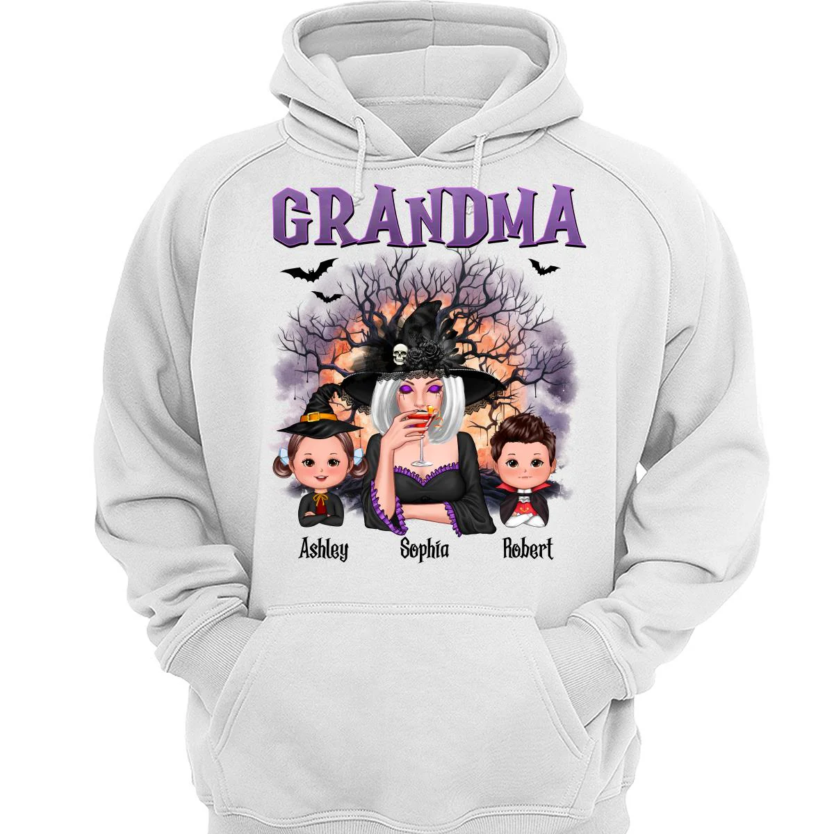 Purple And Orange Halloween Tree Grandma Mom Kids Personalized Shirt - Image 3