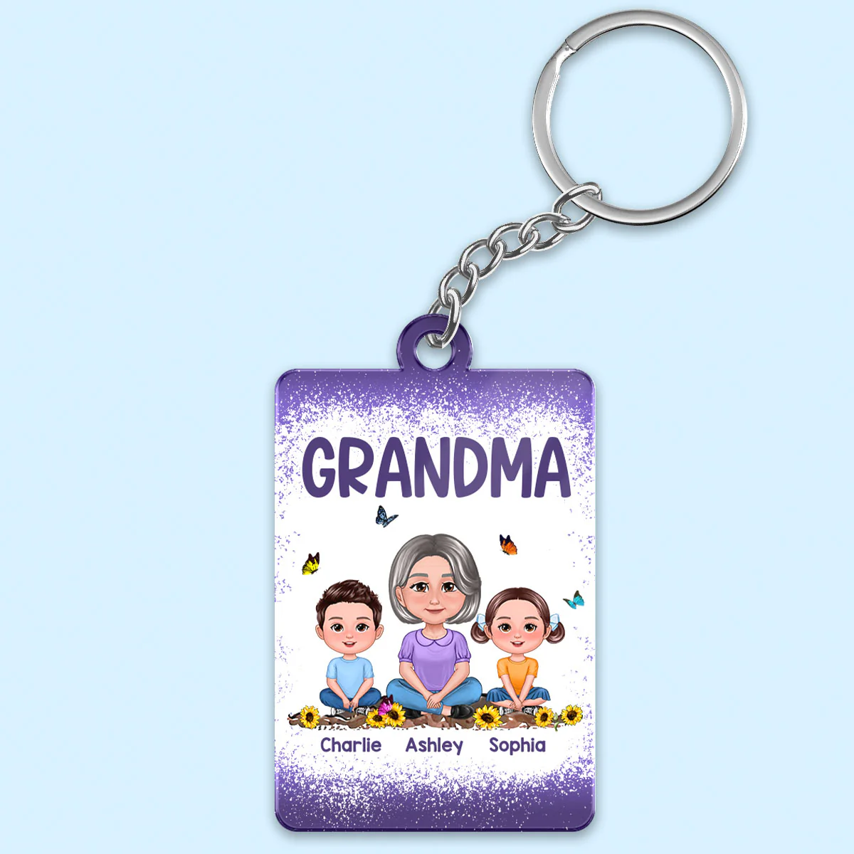 Purple Grandma Mom Kids Butterflies Personalized Acrylic Keychain - Image 2