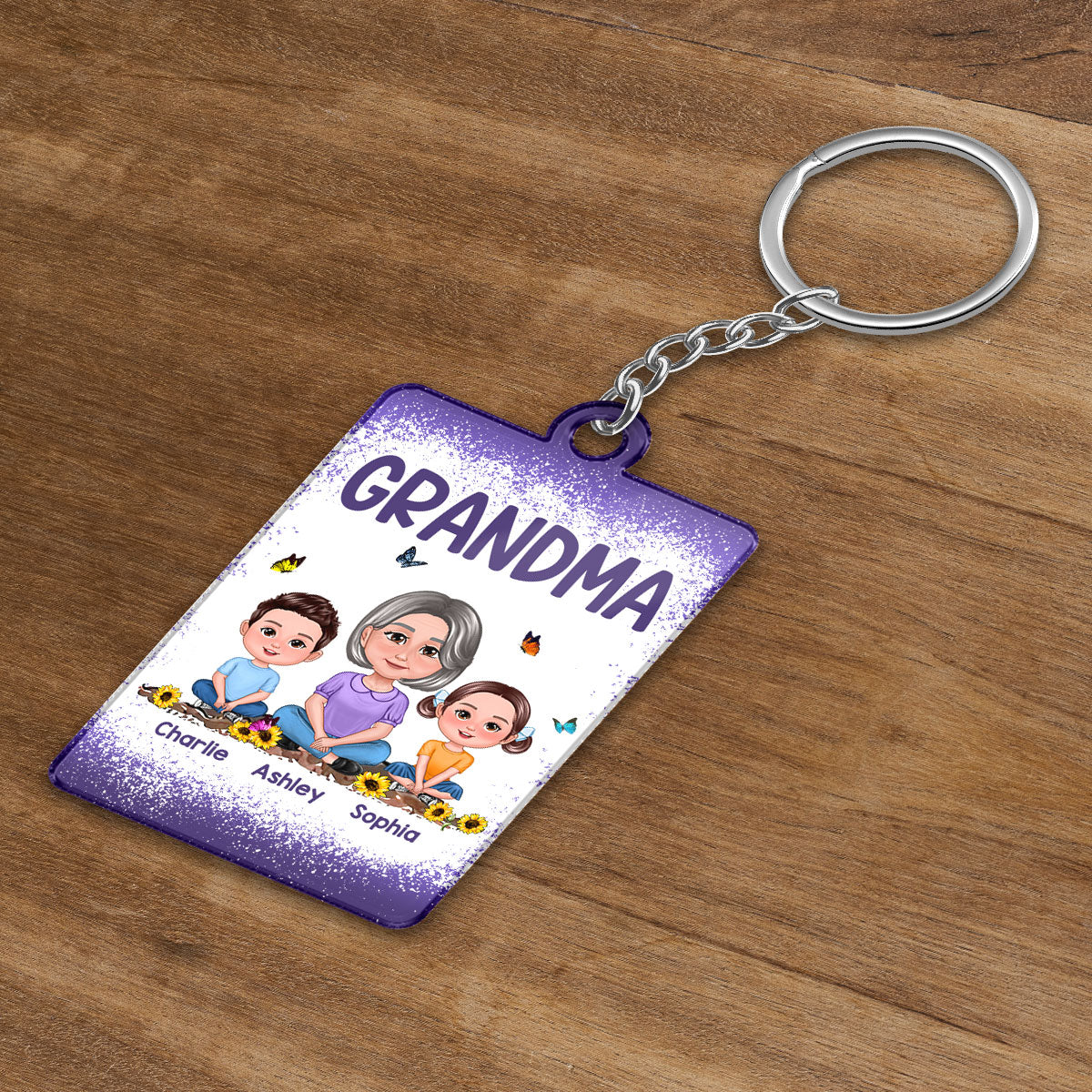 Purple Grandma Mom Kids Butterflies Personalized Acrylic Keychain - Image 3