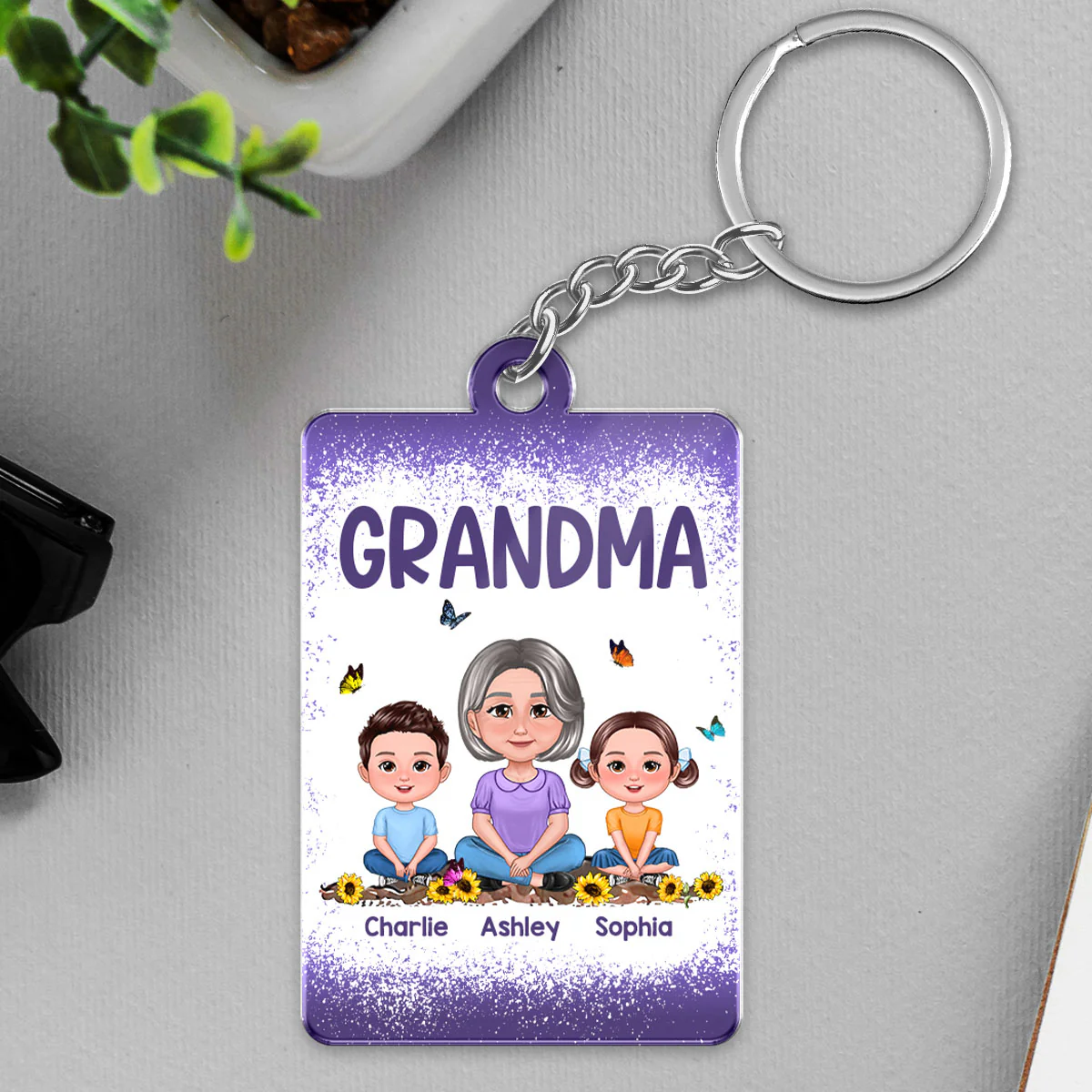 Purple Grandma Mom Kids Butterflies Personalized Acrylic Keychain - Image 4