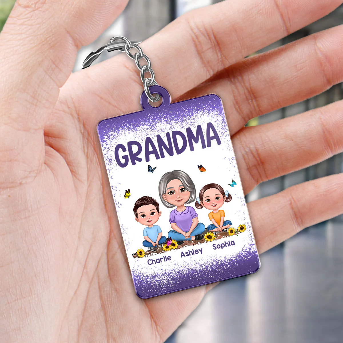 Purple Grandma Mom Kids Butterflies Personalized Acrylic Keychain - Image 5