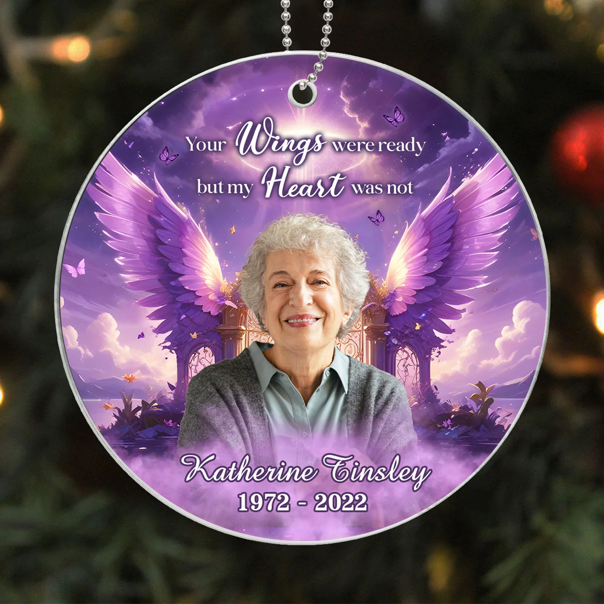 Purple Sky Your Wings Were Ready Memorial Photo Inserted Personalized Acrylic Ornament - Image 4