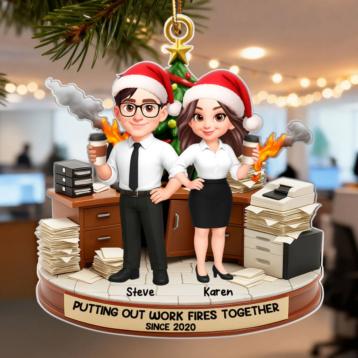 Putting Out Work Fires Together, Office Chaos Funny Coworkers - Personalized Acrylic Ornament - Custom Employee Gift Exchange, White Elephant Gift - Image 5
