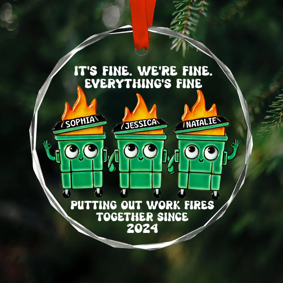 Putting Out Work Fires Together Work Bestie Dumpster Fire Funny Gift For Colleagues Personalized Glass Ornament