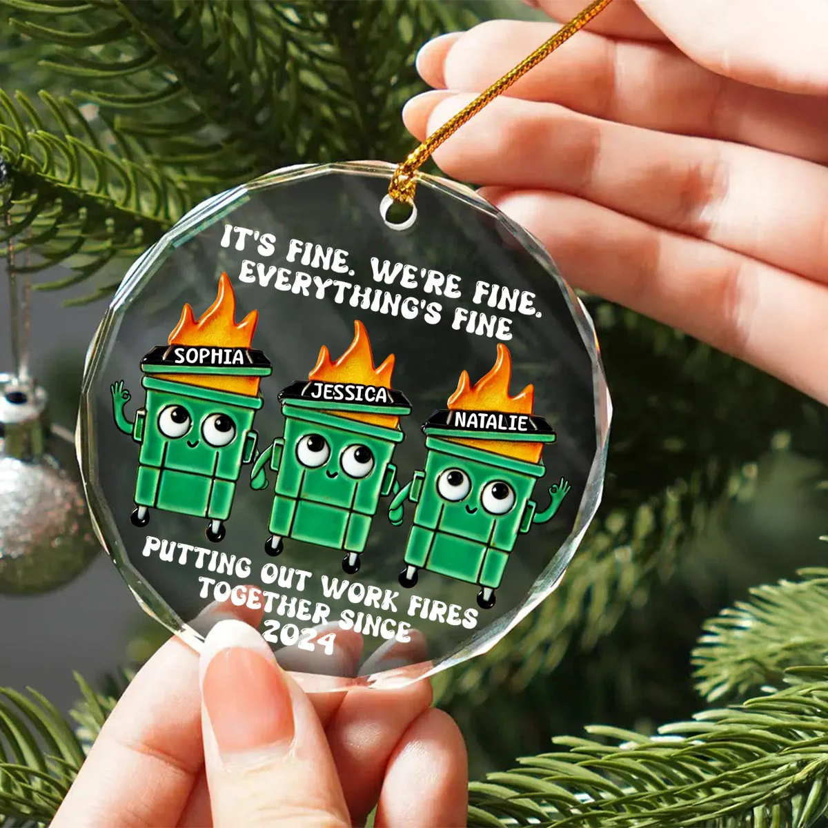 Putting Out Work Fires Together Work Bestie Dumpster Fire Funny Gift For Colleagues Personalized Glass Ornament - Image 2