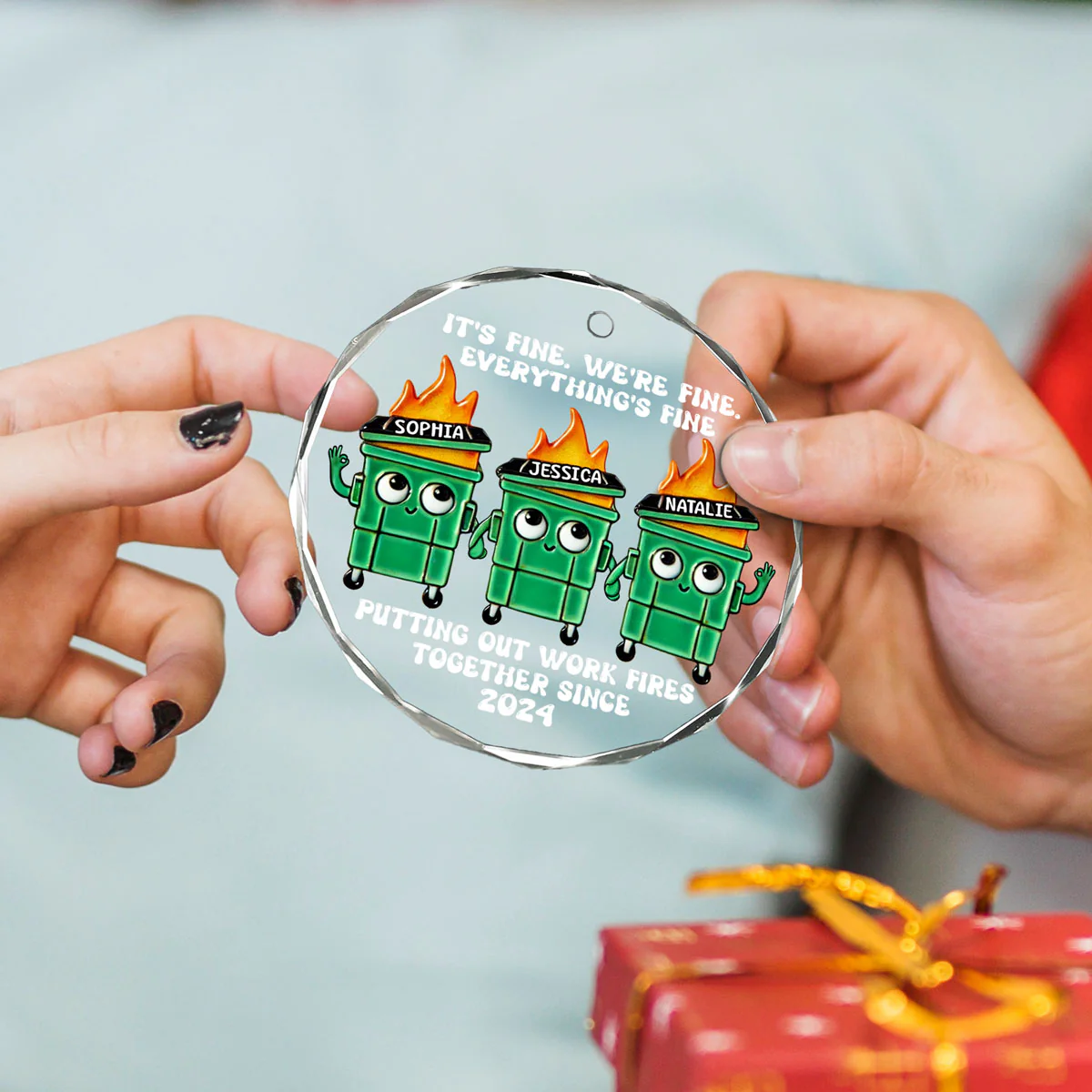 Putting Out Work Fires Together Work Bestie Dumpster Fire Funny Gift For Colleagues Personalized Glass Ornament - Image 3