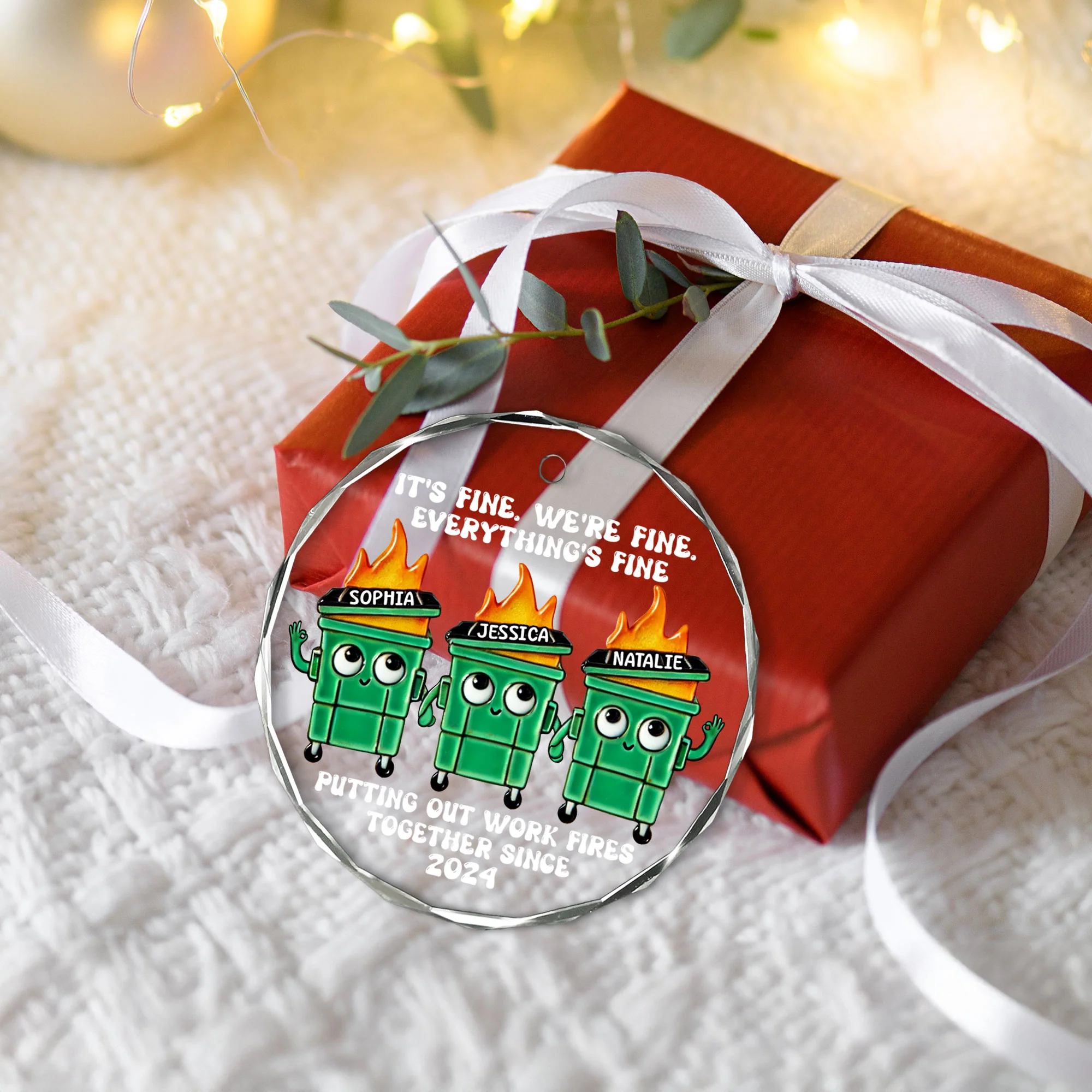 Putting Out Work Fires Together Work Bestie Dumpster Fire Funny Gift For Colleagues Personalized Glass Ornament - Image 5
