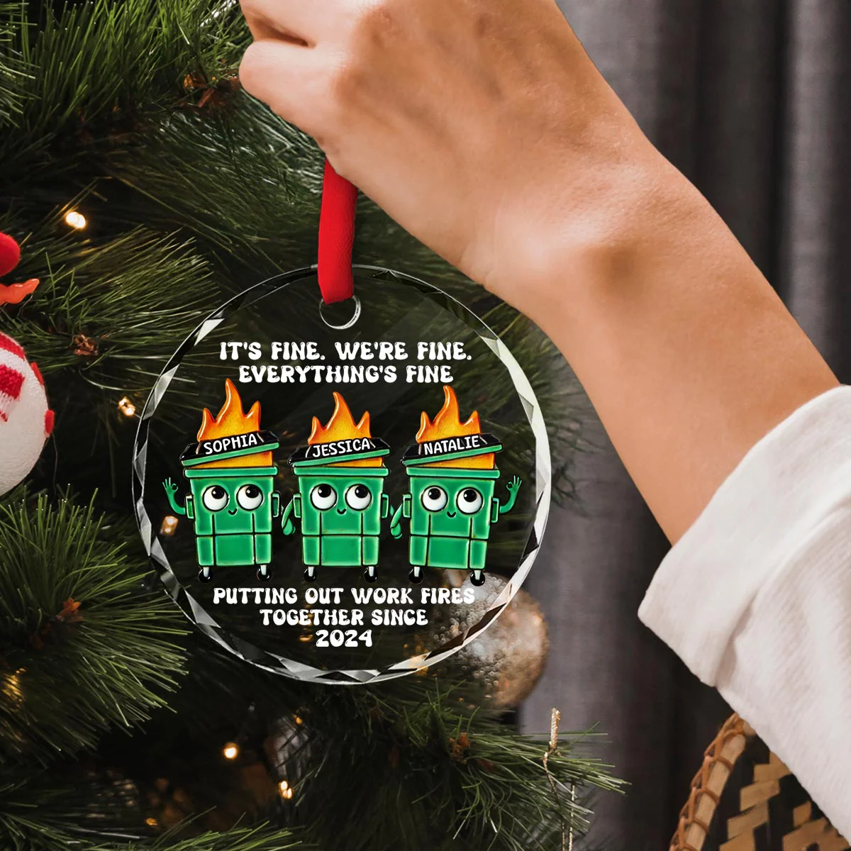 Putting Out Work Fires Together Work Bestie Dumpster Fire Funny Gift For Colleagues Personalized Glass Ornament - Image 6
