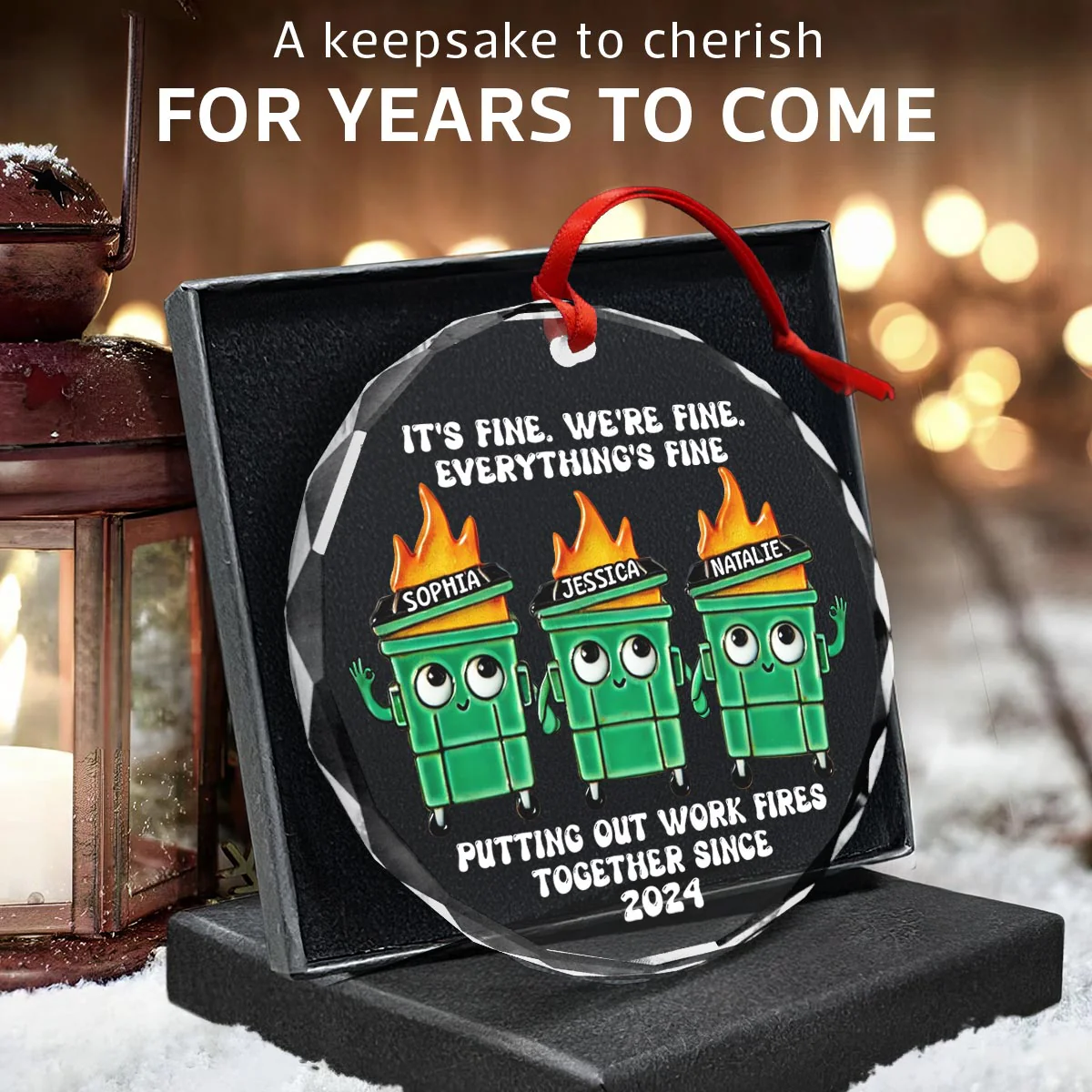 Putting Out Work Fires Together Work Bestie Dumpster Fire Funny Gift For Colleagues Personalized Glass Ornament - Image 7
