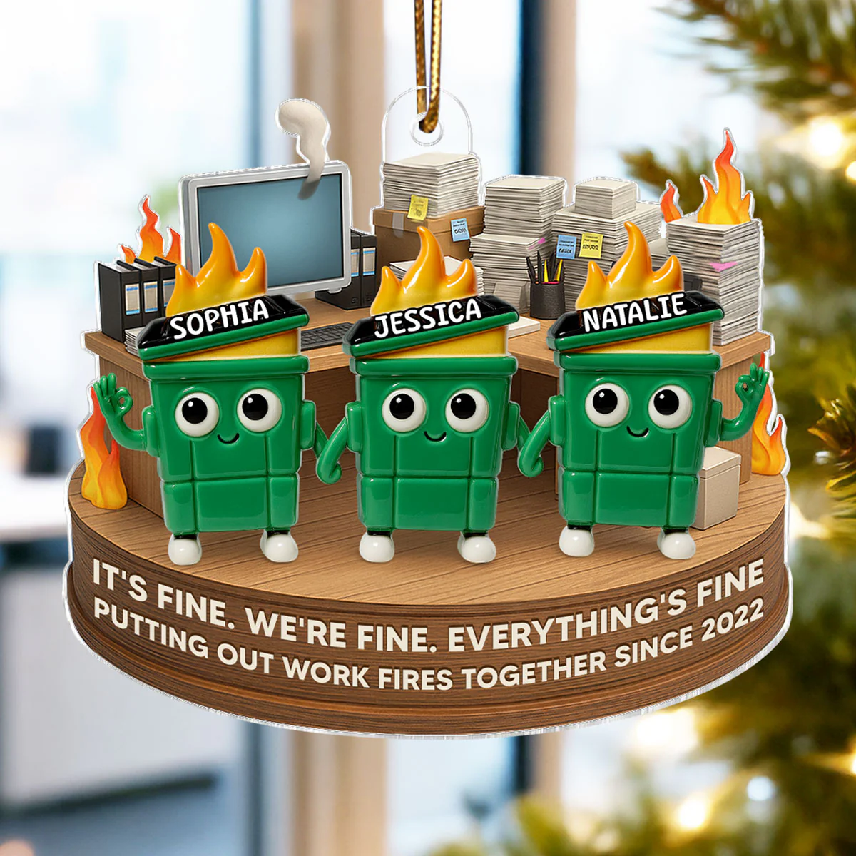 Putting Out Work Fires Together Work Bestie Dumpster Fire - Personalized Acrylic Ornament - Christmas Gift for Colleagues, Coworkers, Boss - Image 3