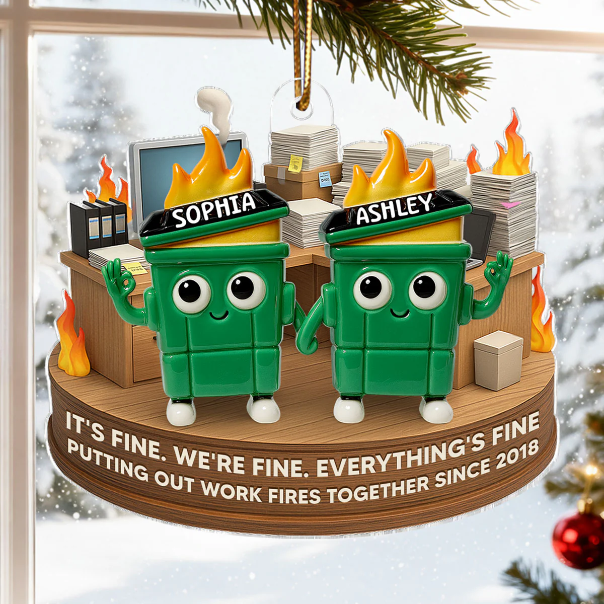 Putting Out Work Fires Together Work Bestie Dumpster Fire - Personalized Acrylic Ornament - Christmas Gift for Colleagues, Coworkers, Boss - Image 5