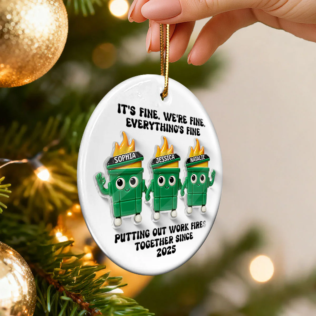 Putting Out Work Fires Together Work Bestie Dumpster Fires - Personalized Ceramic Ornament With Acrylic Pieces - Funny Gift For Colleagues - Image 3