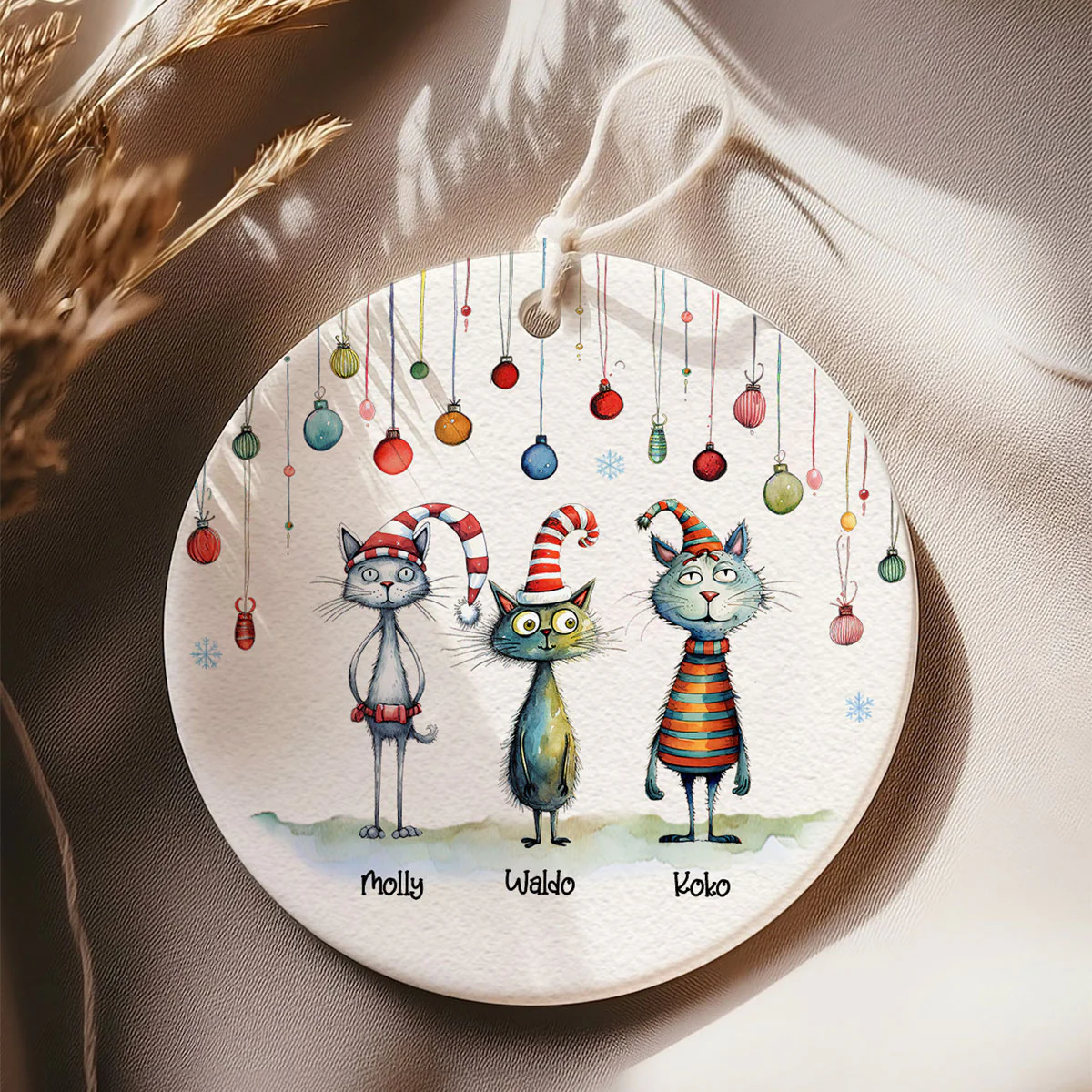 Quirky Christmas Cat Whimsical Funny Silly Holiday Cats Personalized Circle Ceramic Ornament - Image 3