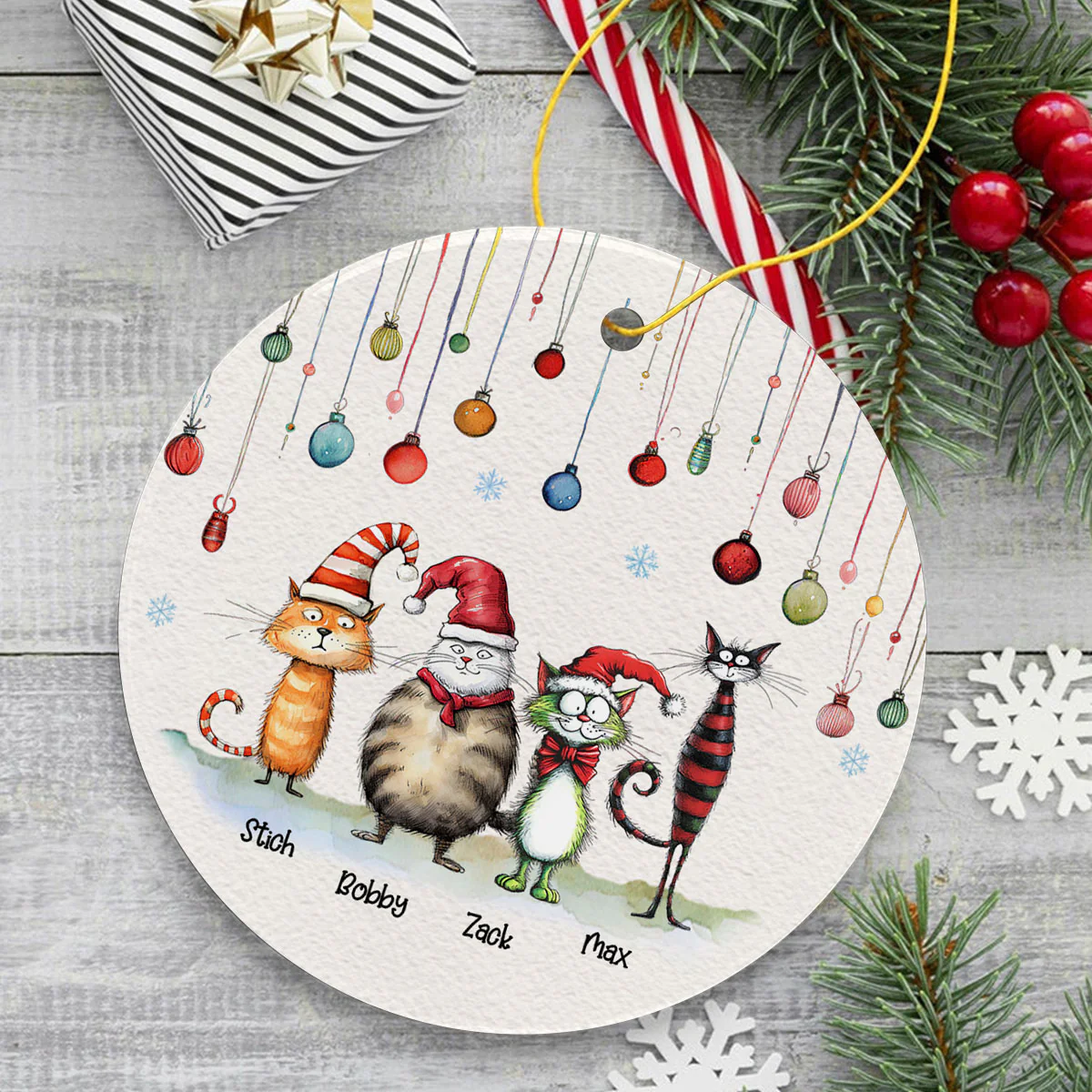 Quirky Christmas Cat Whimsical Funny Silly Holiday Cats Personalized Circle Ceramic Ornament - Image 4
