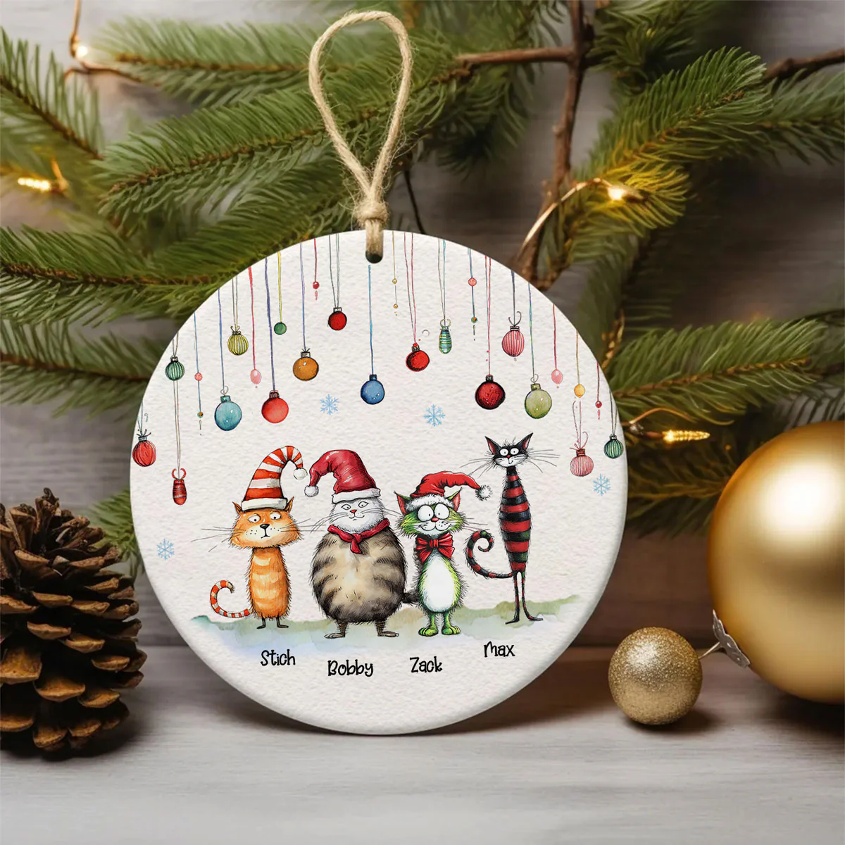 Quirky Christmas Cat Whimsical Funny Silly Holiday Cats Personalized Circle Ceramic Ornament - Image 5