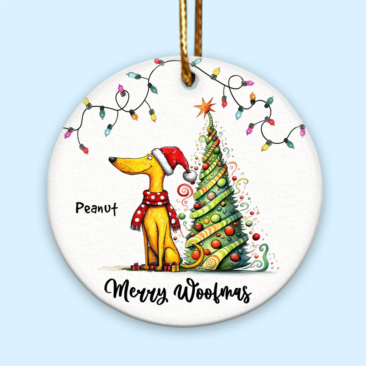 Quirky Christmas Dog Whimsical Funny Silly Pups Puppy Personalized Circle Ceramic Ornament - Image 2