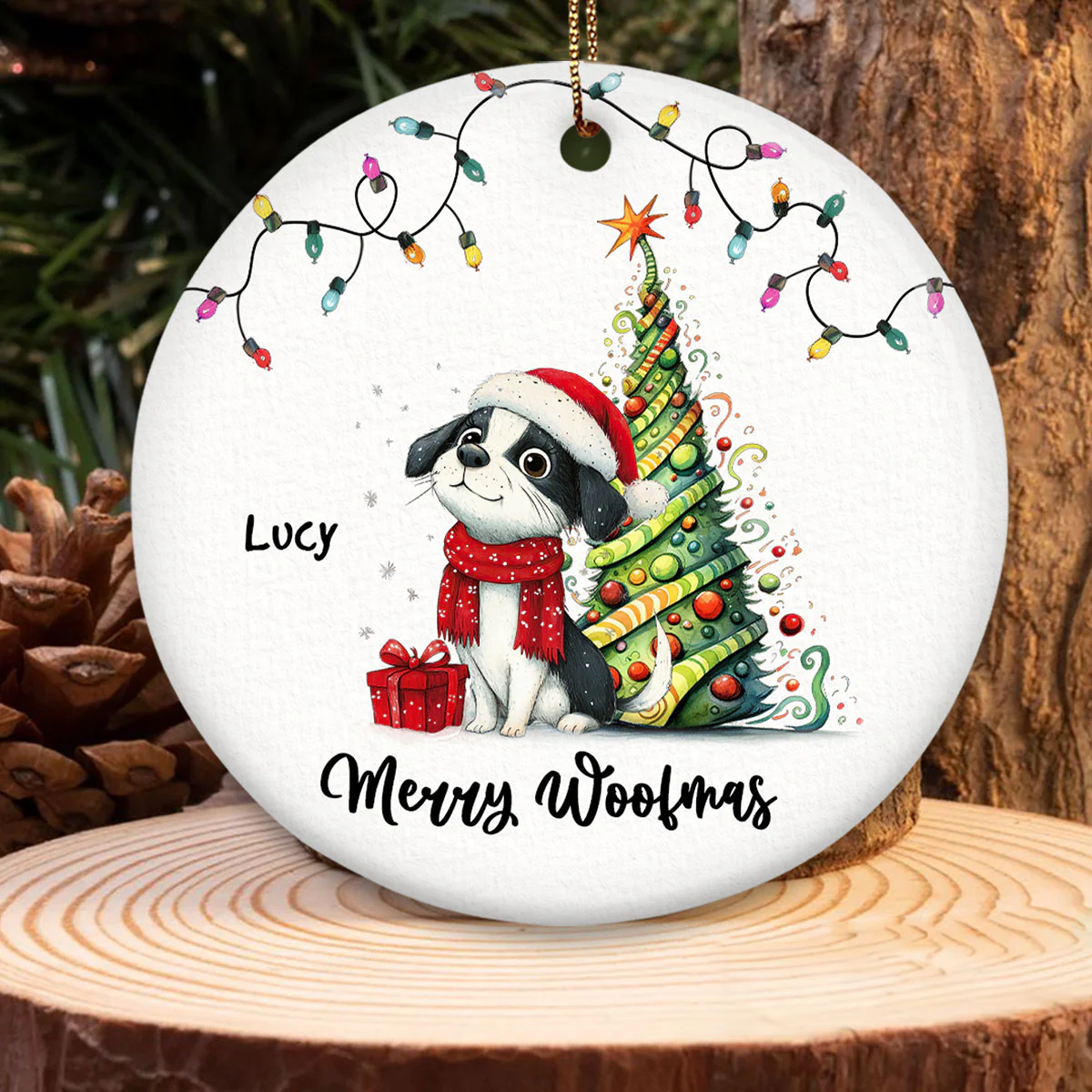 Quirky Christmas Dog Whimsical Funny Silly Pups Puppy Personalized Circle Ceramic Ornament - Image 6