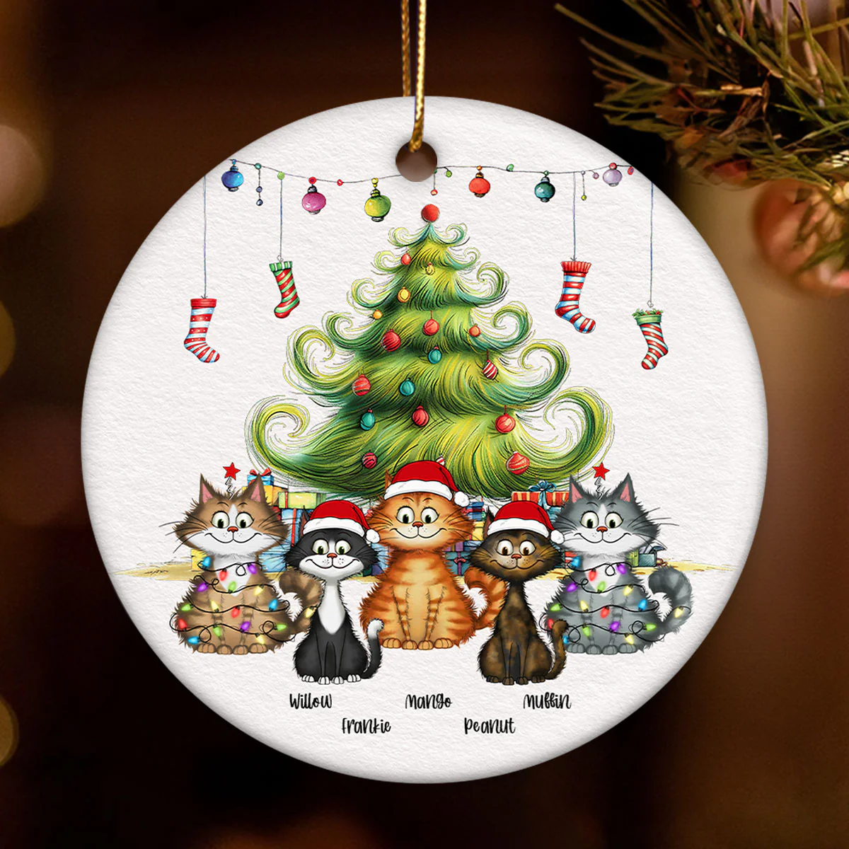 Quirky Christmas Tree Cats Whimsical Personalized Circle Ceramic Ornament