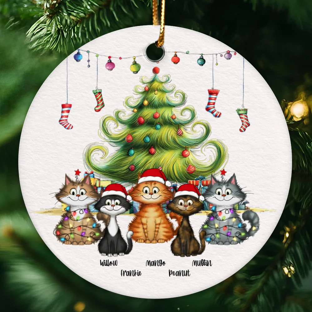 Quirky Christmas Tree Cats Whimsical Personalized Circle Ceramic Ornament - Image 12