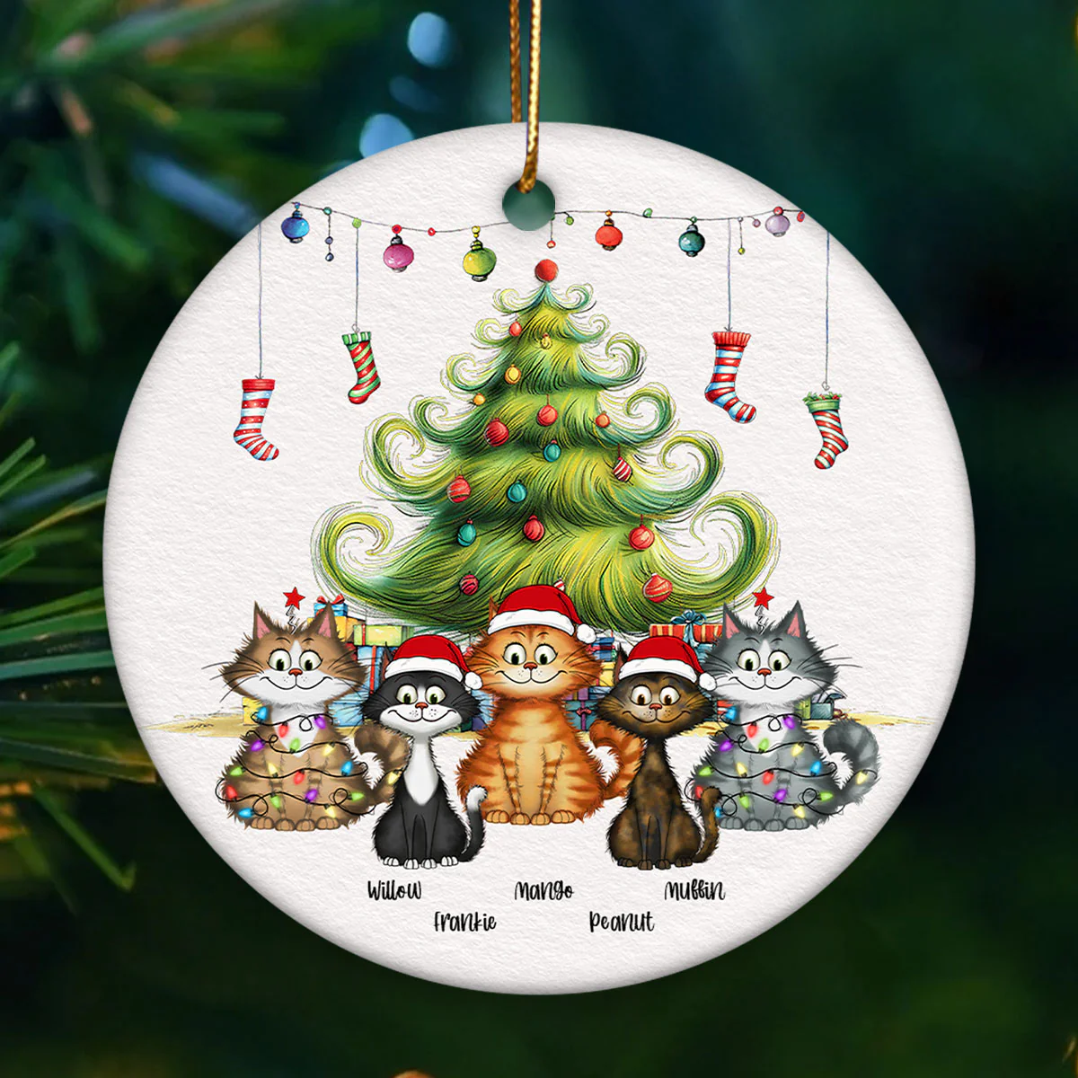 Quirky Christmas Tree Cats Whimsical Personalized Circle Ceramic Ornament - Image 2