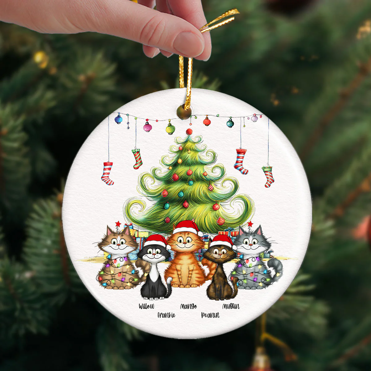 Quirky Christmas Tree Cats Whimsical Personalized Circle Ceramic Ornament - Image 3