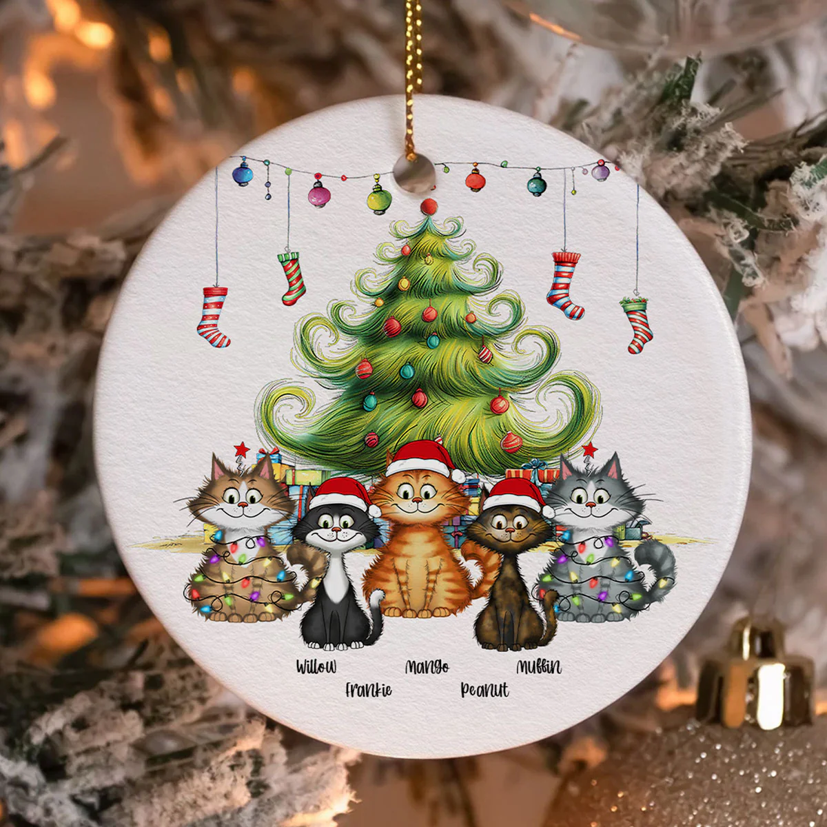 Quirky Christmas Tree Cats Whimsical Personalized Circle Ceramic Ornament - Image 5