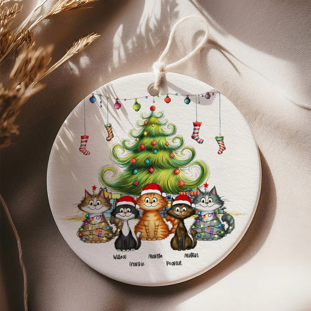 Quirky Christmas Tree Cats Whimsical Personalized Circle Ceramic Ornament - Image 6