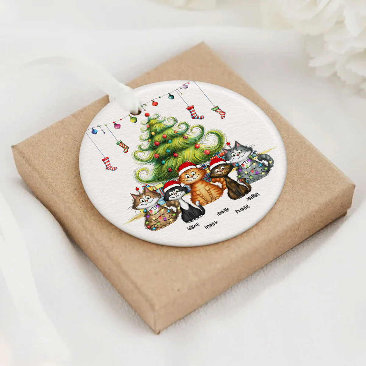 Quirky Christmas Tree Cats Whimsical Personalized Circle Ceramic Ornament - Image 7